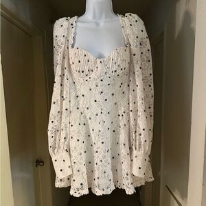 Flowy Black and White Lace Polka Dot Dress - Size L
